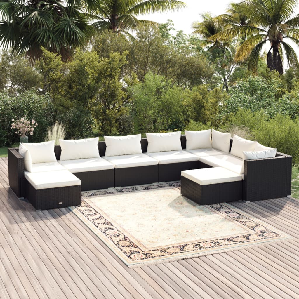 Set Divani da Giardino con Cuscini 9 pz in Polyrattan Nero