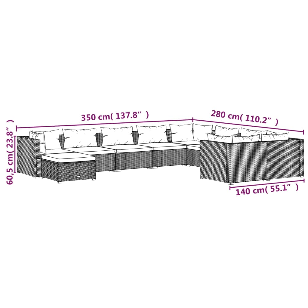 Set Divani da Giardino 10 pz con Cuscini in Polyrattan Nero | homemem39