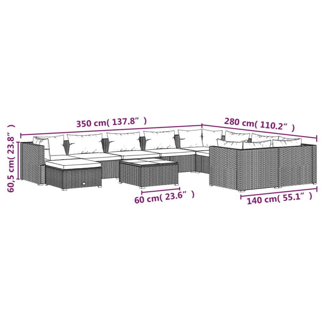 Set Divani da Giardino 11 pz con Cuscini in Polyrattan Grigio | homemem39