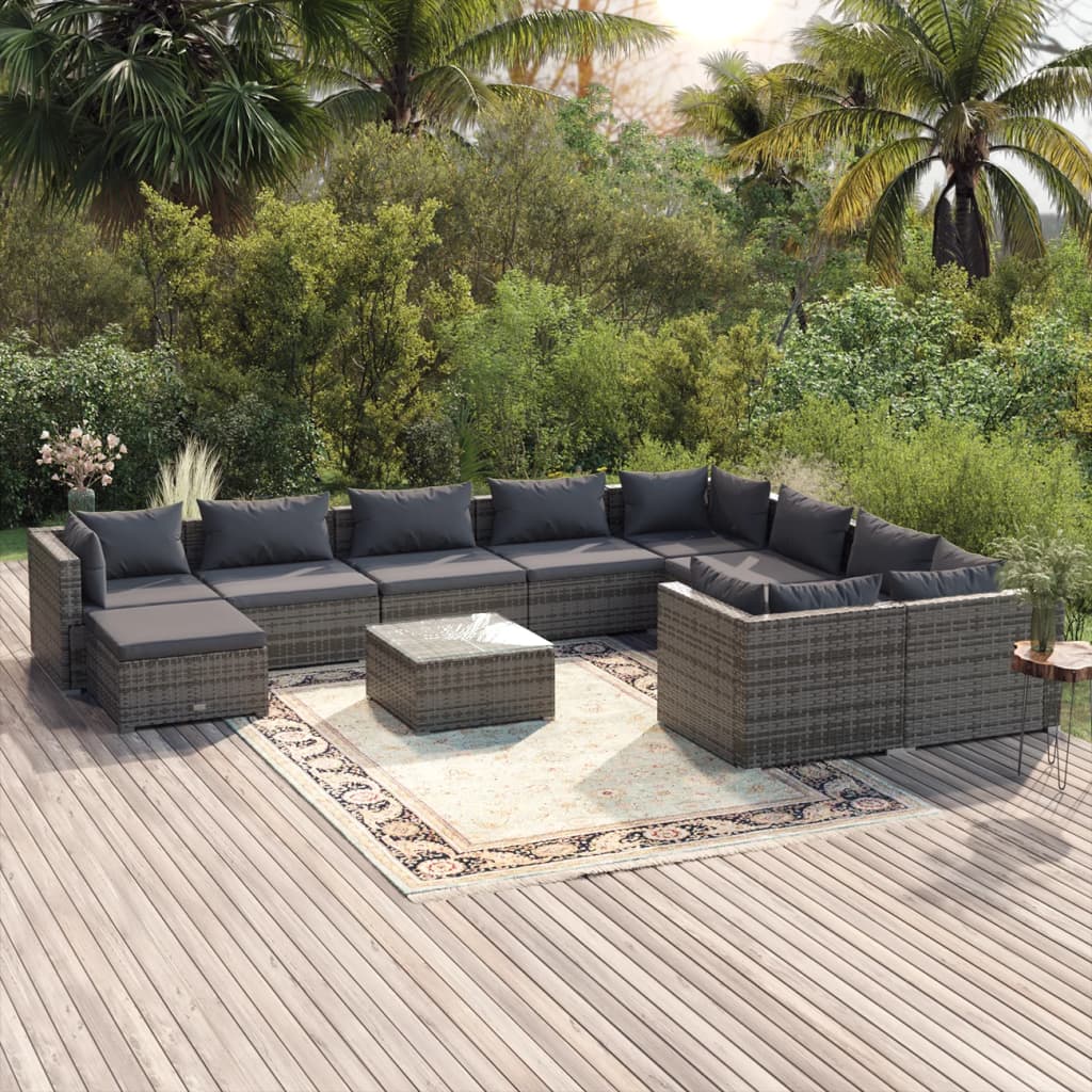 Set Divani da Giardino 11 pz con Cuscini in Polyrattan Grigio | homemem39