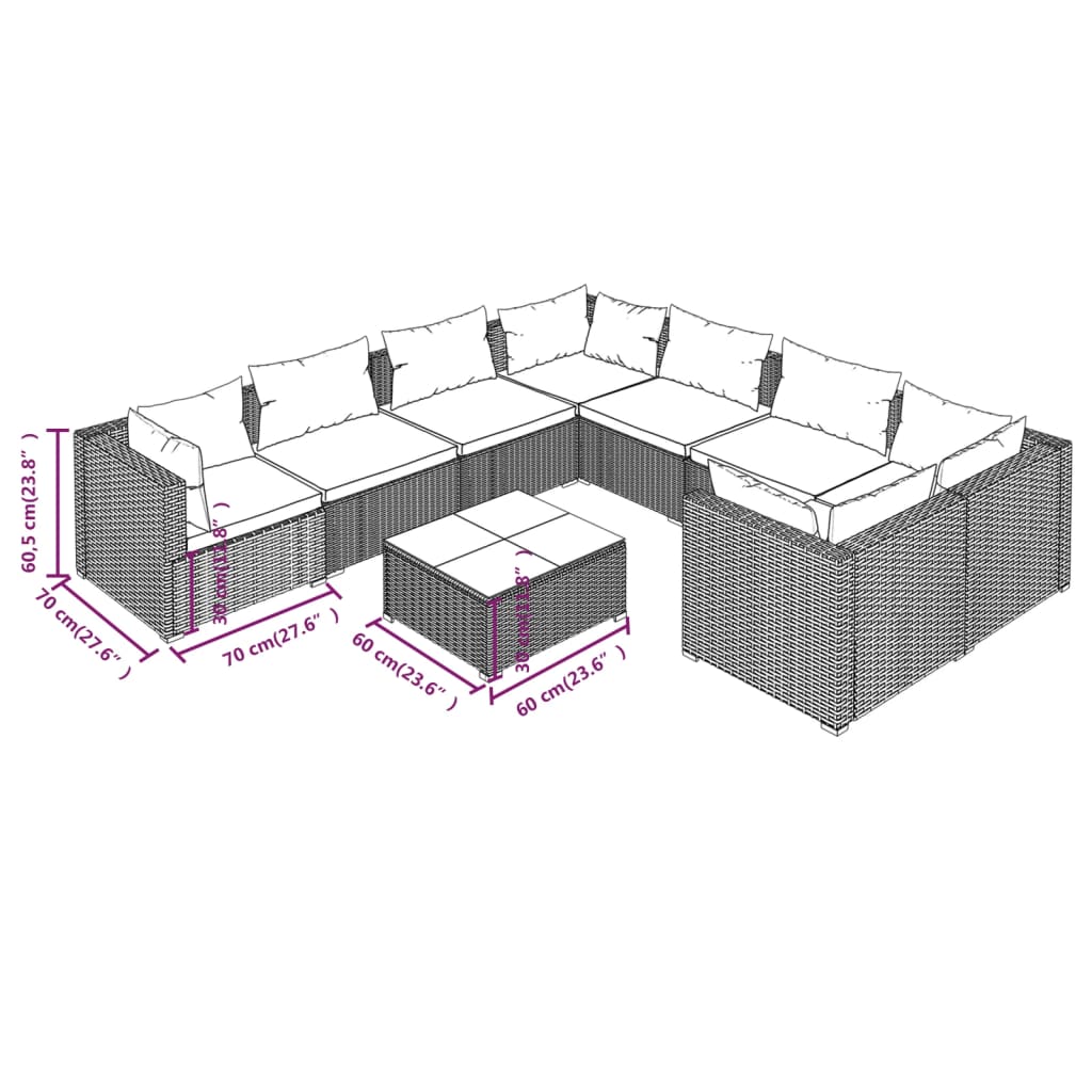 Set Divani da Giardino 9 pz con Cuscini in Polyrattan Nero | homemem39