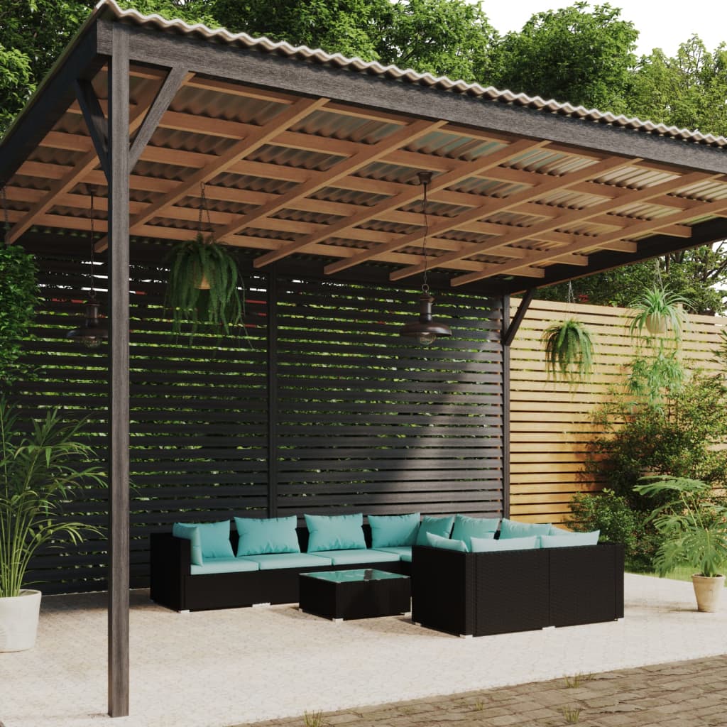 Set Divani da Giardino 9 pz con Cuscini in Polyrattan Nero | homemem39