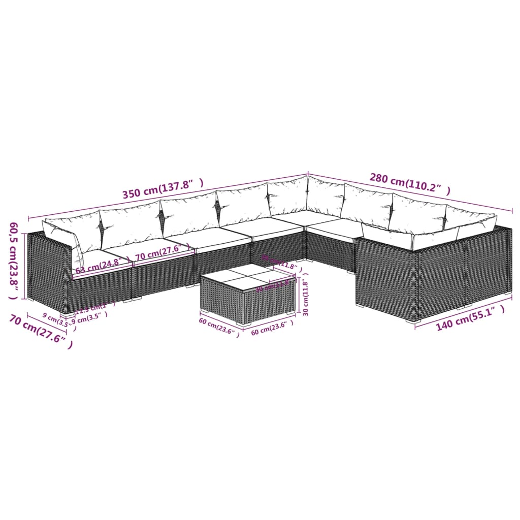 Set Divani da Giardino 10 pz con Cuscini in Polyrattan Marrone | homemem39
