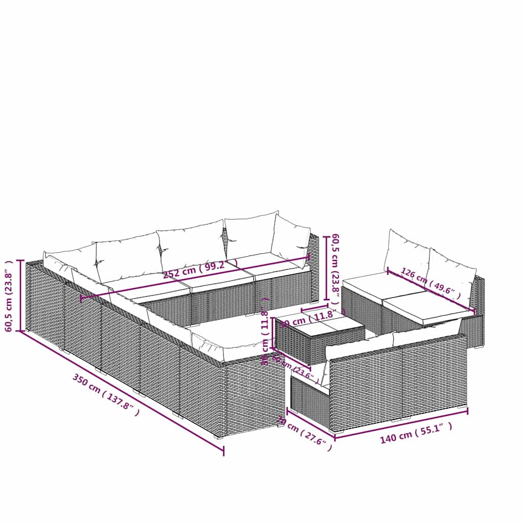 Set Divani da Giardino 13 pz con Cuscini in Polyrattan Marrone