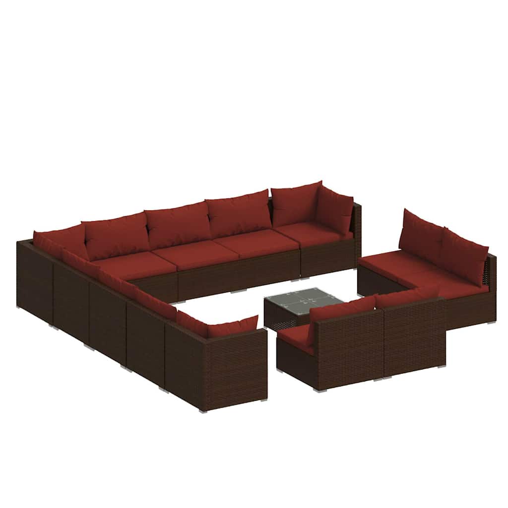 Set Divani da Giardino 14 pz con Cuscini in Polyrattan Marrone