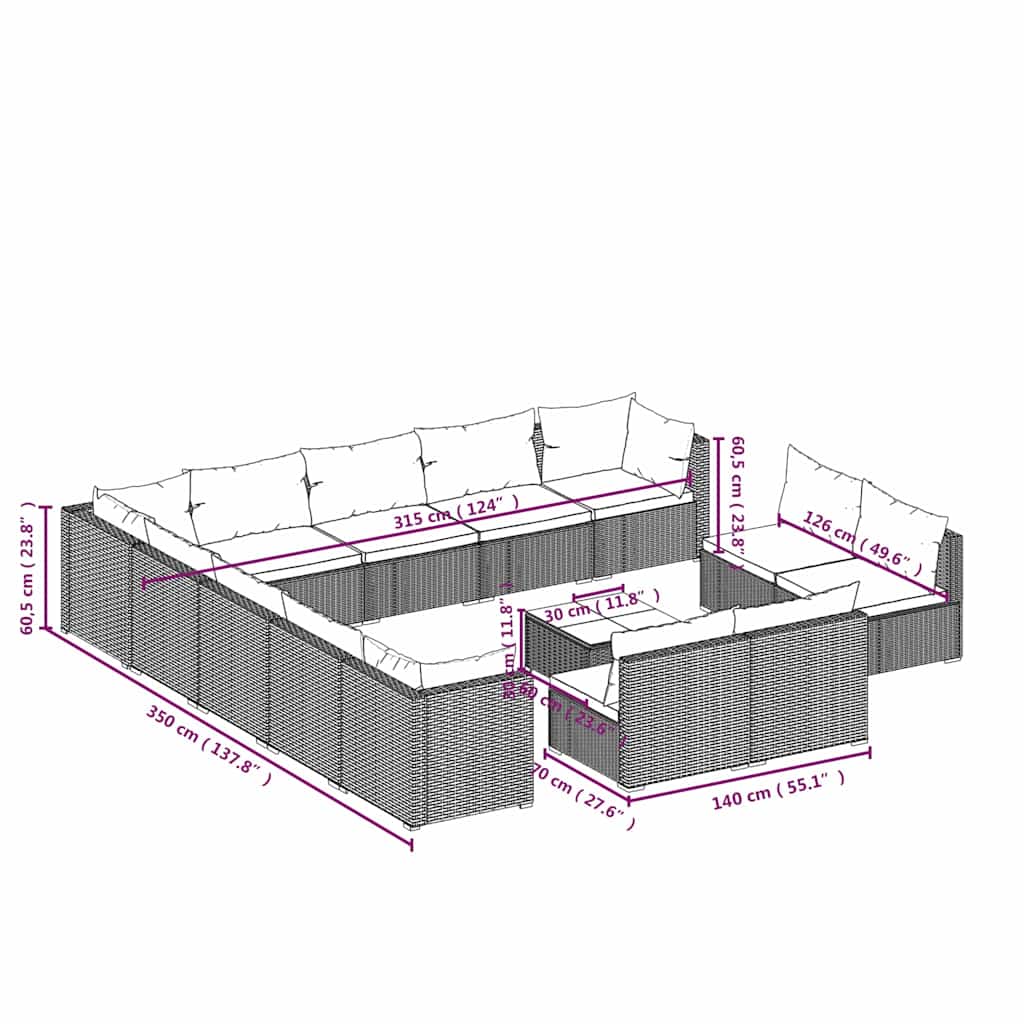 Set Divani da Giardino 14 pz con Cuscini in Polyrattan Marrone