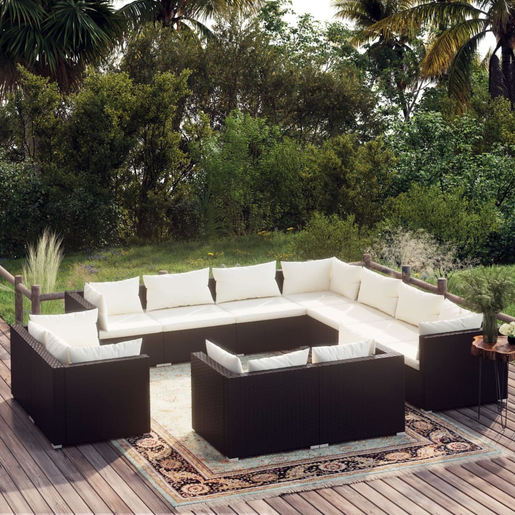 11 pc Garden Sofa Set with Black Polyrattan Cushions