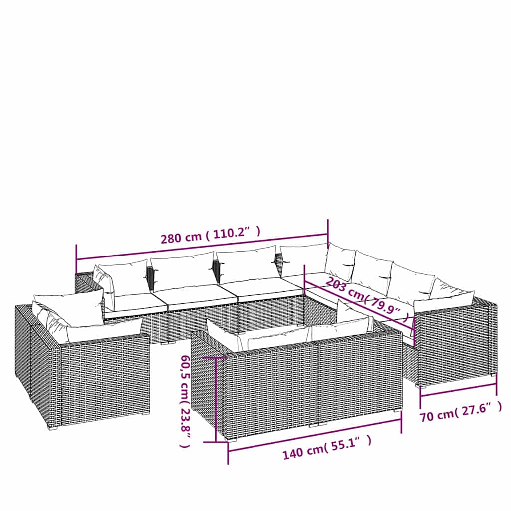 Set Divani da Giardino 11 pz con Cuscini in Polyrattan Marrone