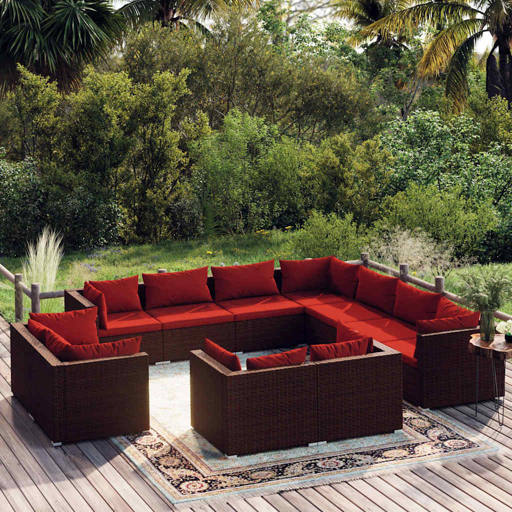 Set Divani da Giardino 11 pz con Cuscini in Polyrattan Marrone