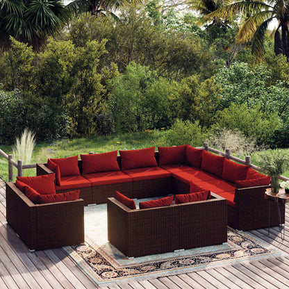 Set Divani da Giardino 11 pz con Cuscini in Polyrattan Marrone