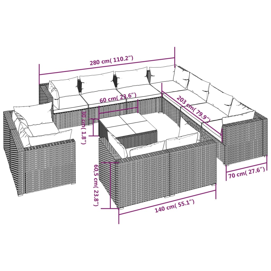 Set Divani da Giardino 12 pz con Cuscini in Polyrattan Nero