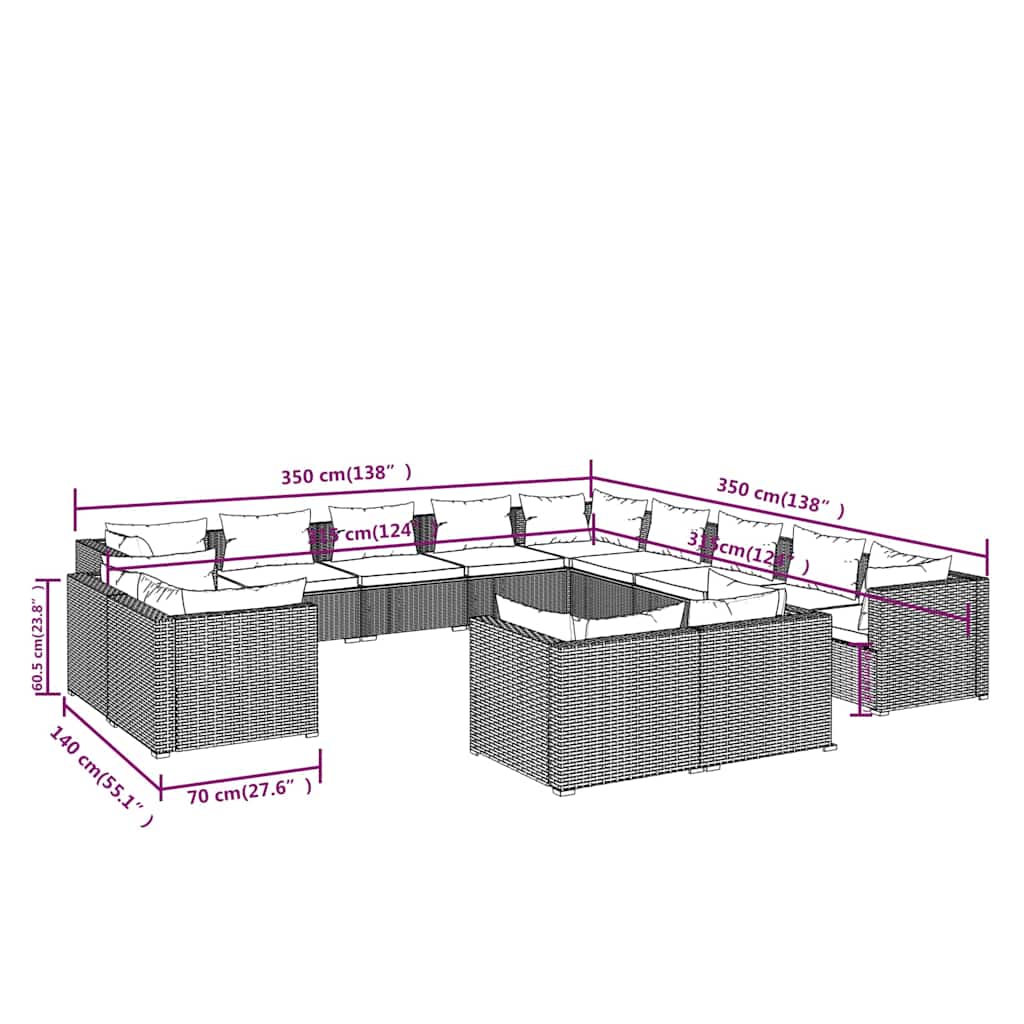 Set Divani da Giardino 13 pz con Cuscini in Polyrattan Marrone