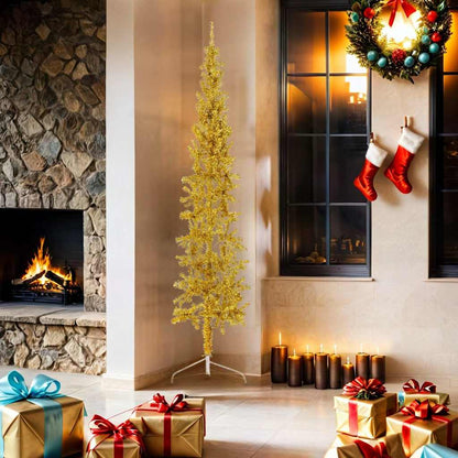Albero Natale Artificiale Sottile a Metà con Supporto Oro 180cm