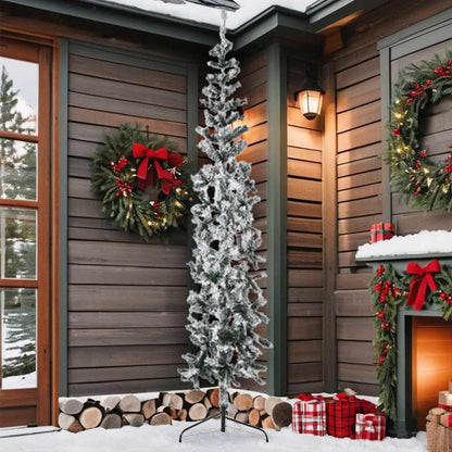 Albero Natale Artificiale Sottile a Metà Neve Fioccata 210 cm