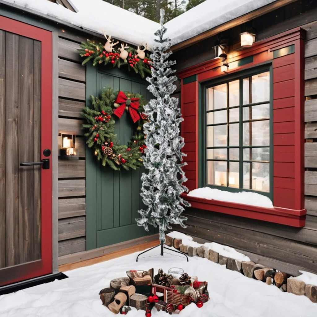 Albero Natale Artificiale Sottile a Metà Neve Fioccata 240 cm