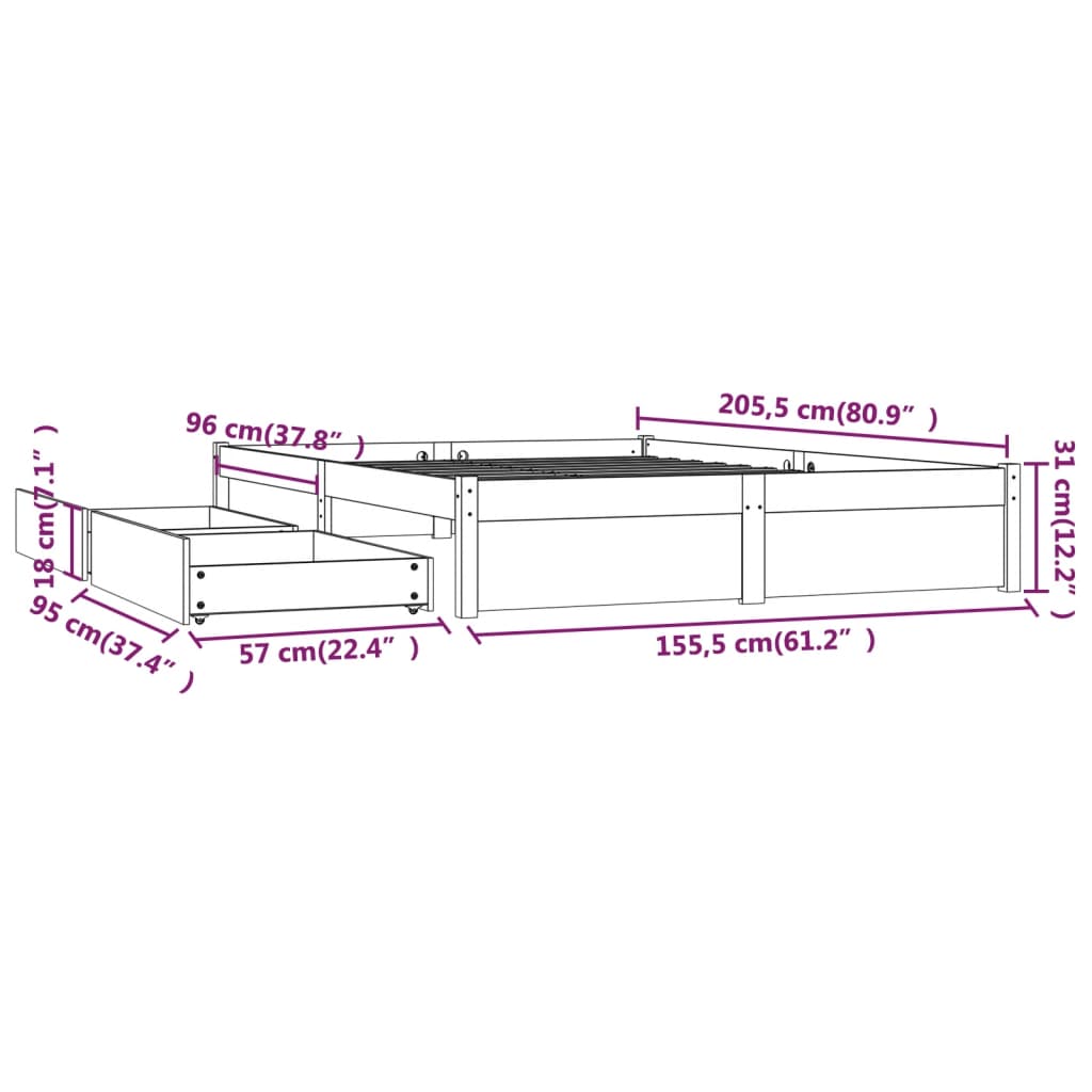 Bed frame with drawers Gray 150x200 cm King