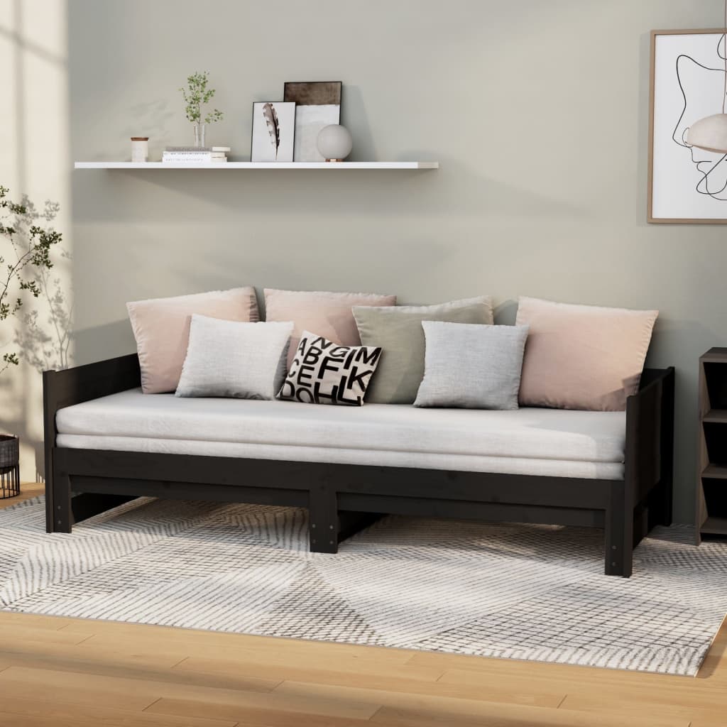 Dormeuse Estraibile Nera in Legno Massello di Pino 2x(90x190)cm | homemem39