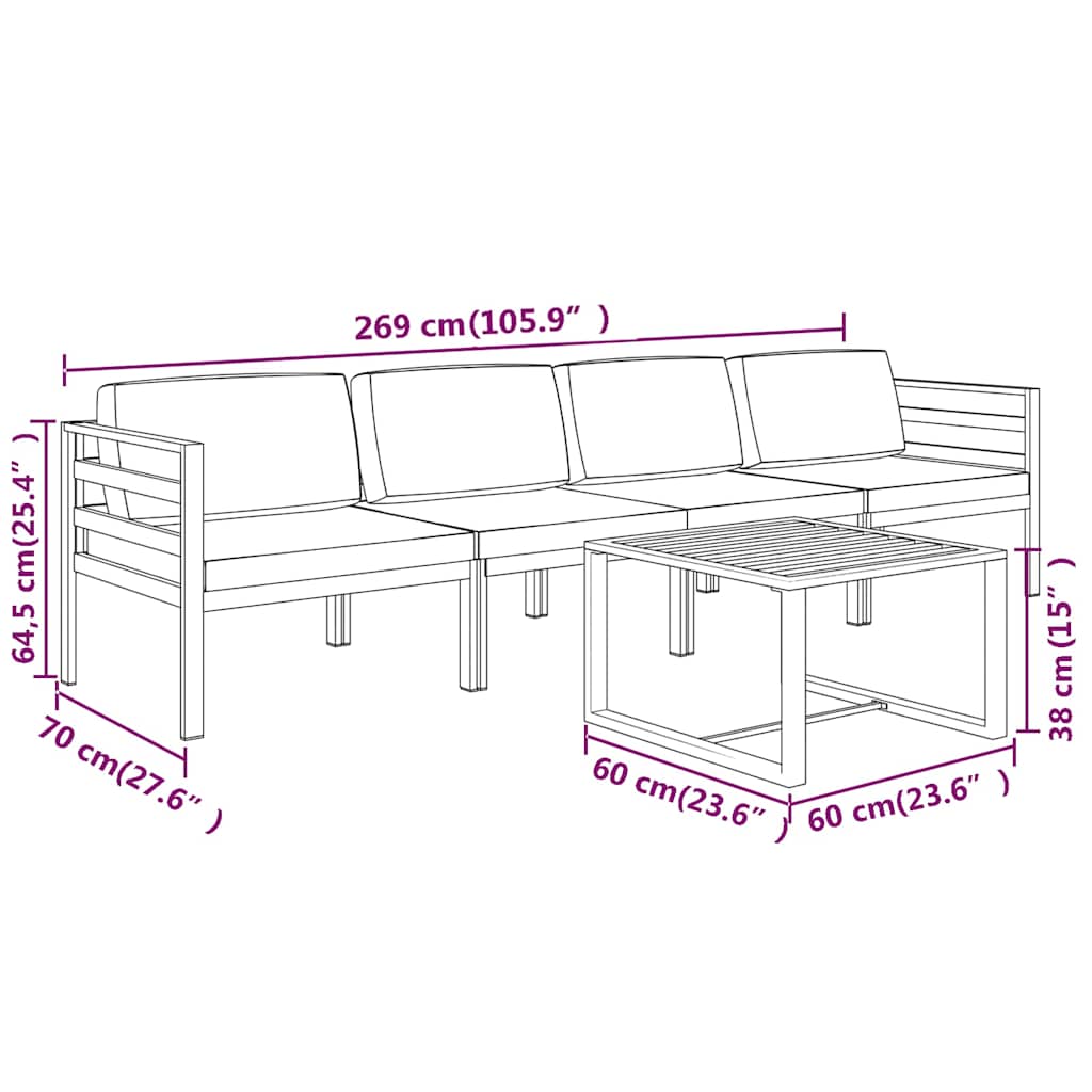 Set Divani da Giardino 5 pz con Cuscini in Alluminio Antracite