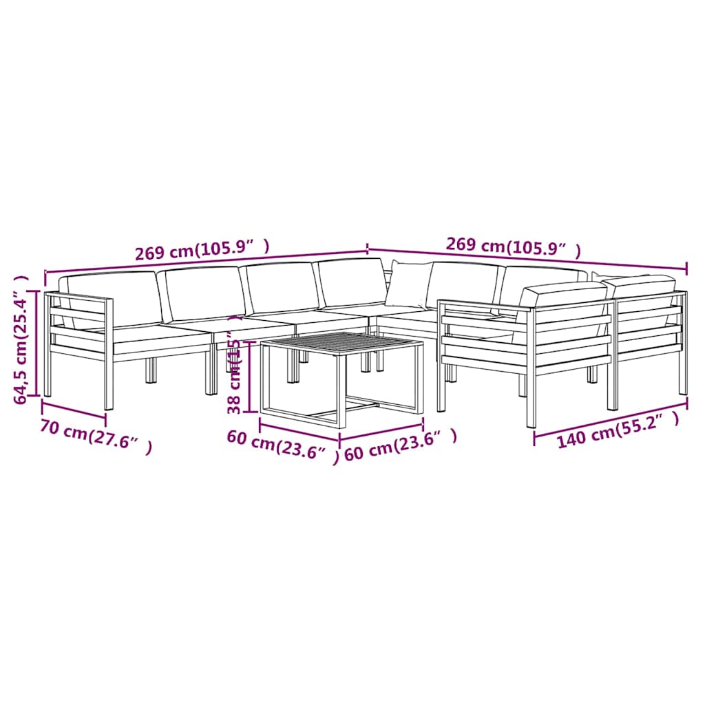 Set Divani da Giardino 9 pz con Cuscini in Alluminio Antracite