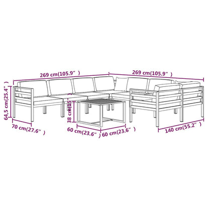 Set Divani da Giardino 9 pz con Cuscini in Alluminio Antracite