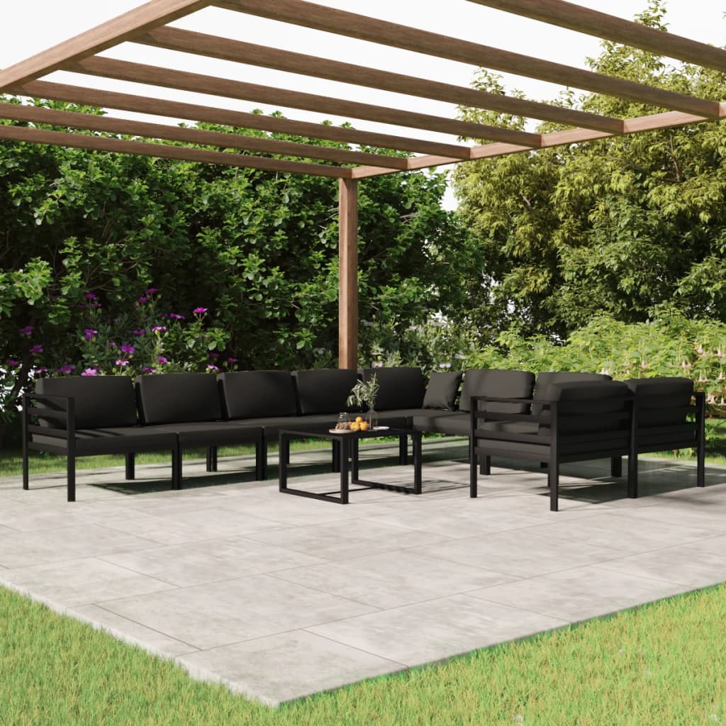 Set Divani da Giardino 10 pz con Cuscini in Alluminio Antracite