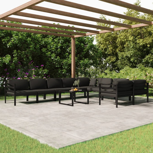 Set Divani da Giardino 10 pz con Cuscini in Alluminio Antracite