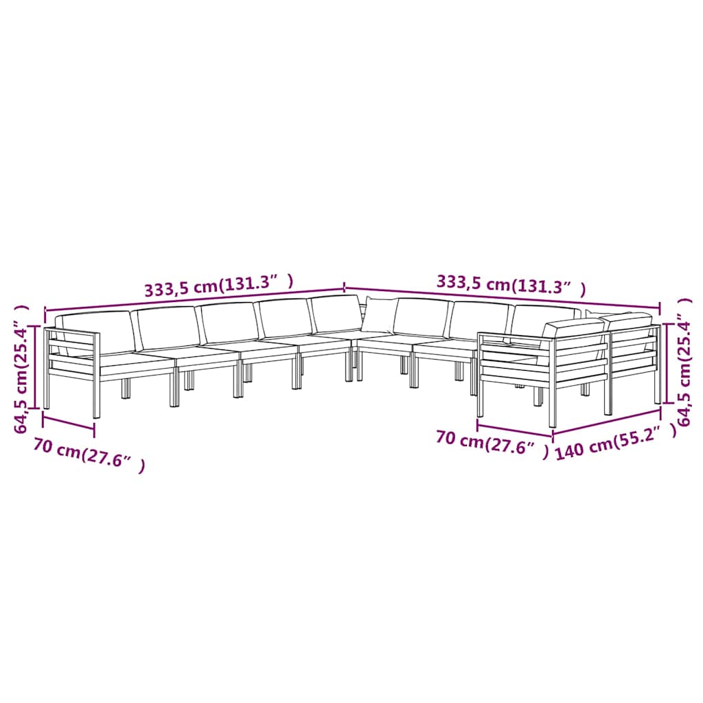 Set Divani da Giardino 10 pz con Cuscini in Alluminio Antracite