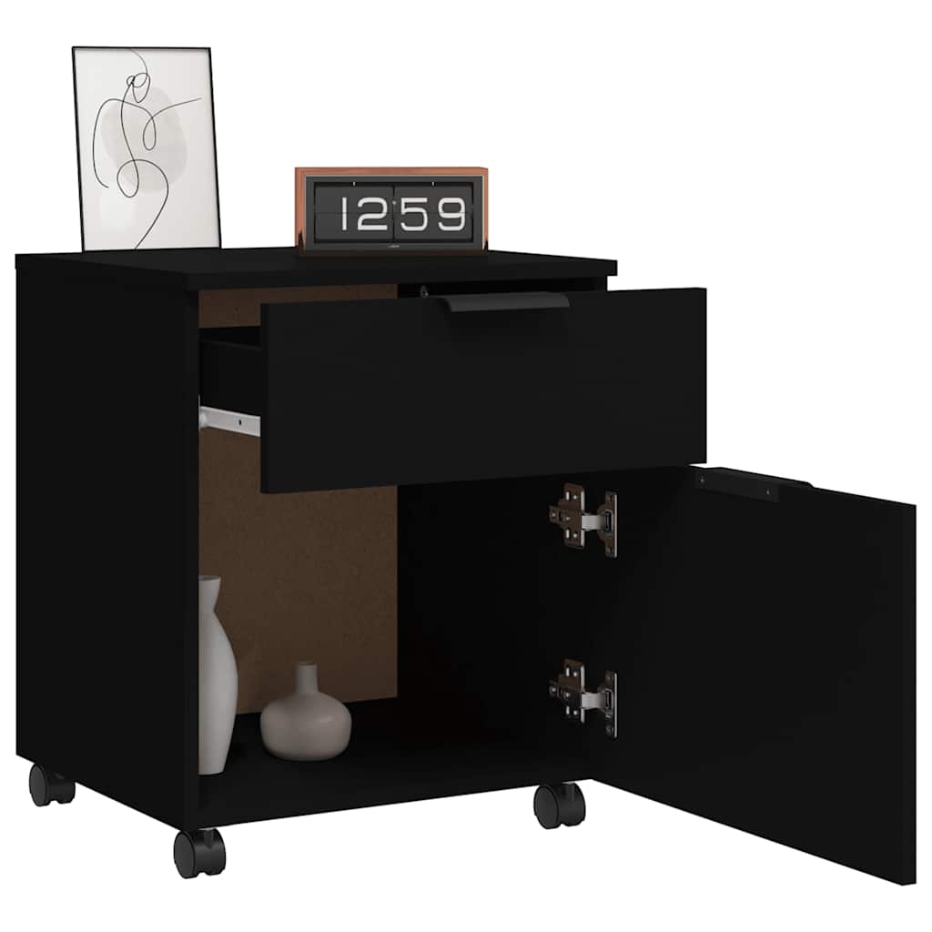 Schedario con Ruote Nero 45x38x54 cm in Legno Multistrato