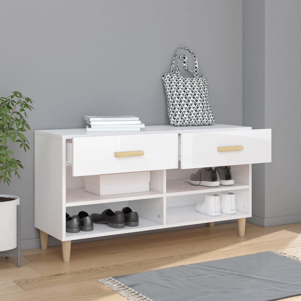 Scarpiera Bianco Lucido 102x35x55 cm in Legno Multistrato - homemem39