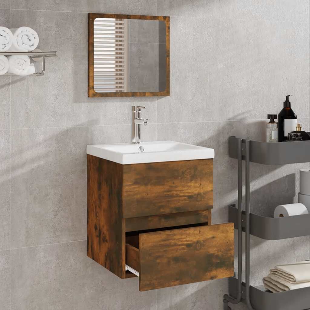 Mobile da Bagno con Specchio Rovere Fumo in Legno Multistrato | homemem39