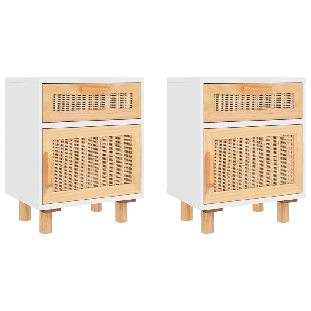 Comodini 2 pz Bianchi Legno Massello di Pino e Rattan Naturale | homemem39