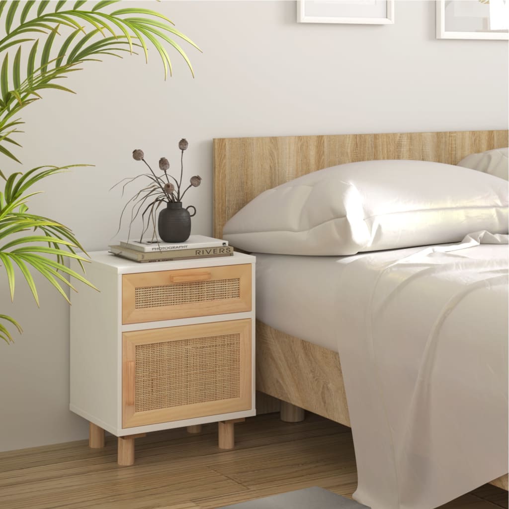 Comodini 2 pz Bianchi Legno Massello di Pino e Rattan Naturale | homemem39