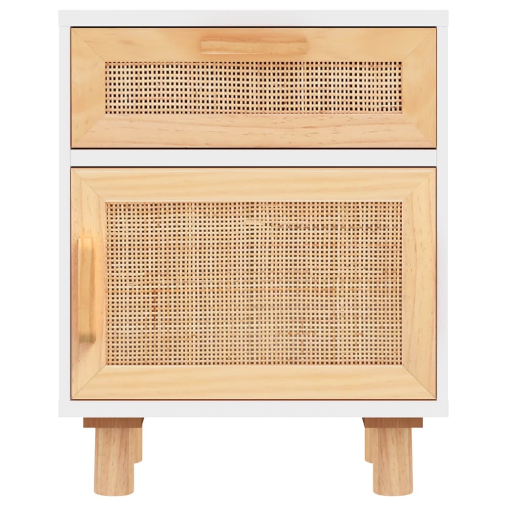 Comodini 2 pz Bianchi Legno Massello di Pino e Rattan Naturale | homemem39