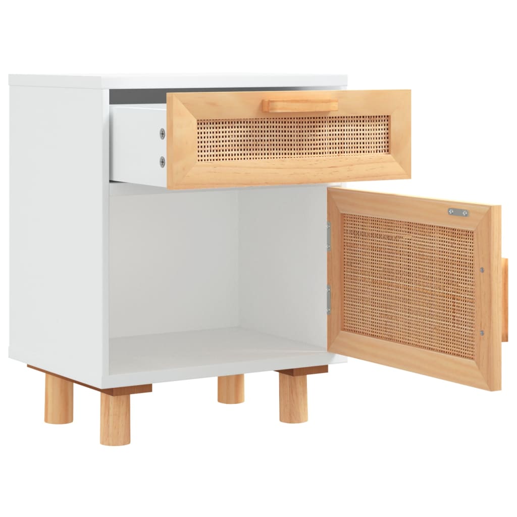 Comodini 2 pz Bianchi Legno Massello di Pino e Rattan Naturale | homemem39