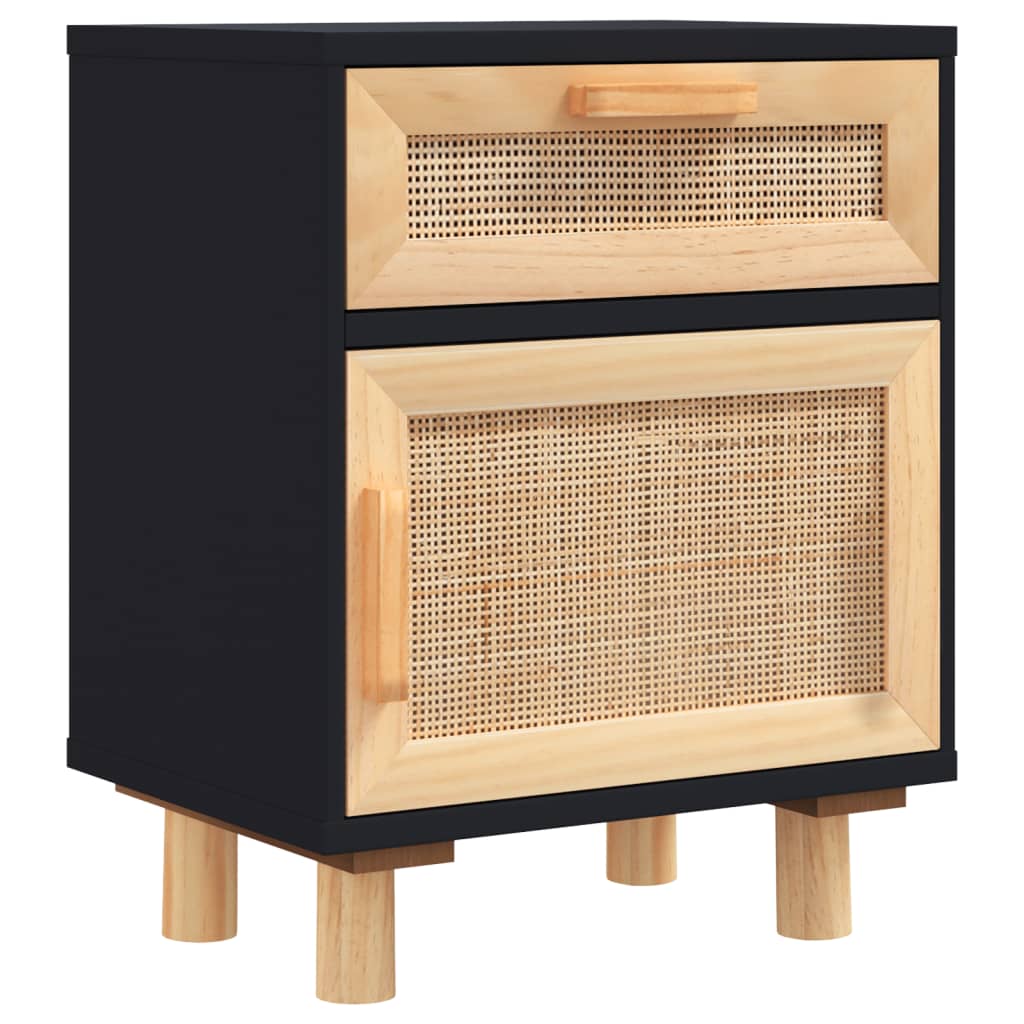 Comodino Nero in Legno Massello di Pino e Rattan Naturale | homemem39