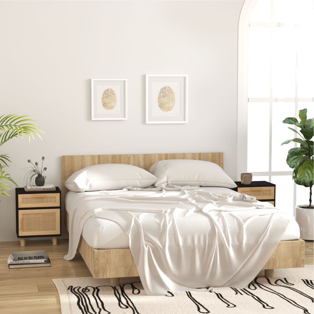 Comodino Nero in Legno Massello di Pino e Rattan Naturale | homemem39
