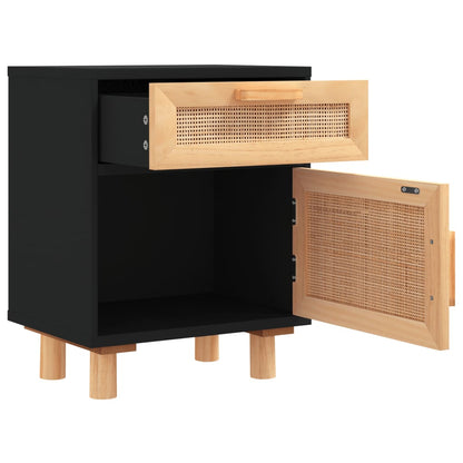 Comodino Nero in Legno Massello di Pino e Rattan Naturale | homemem39