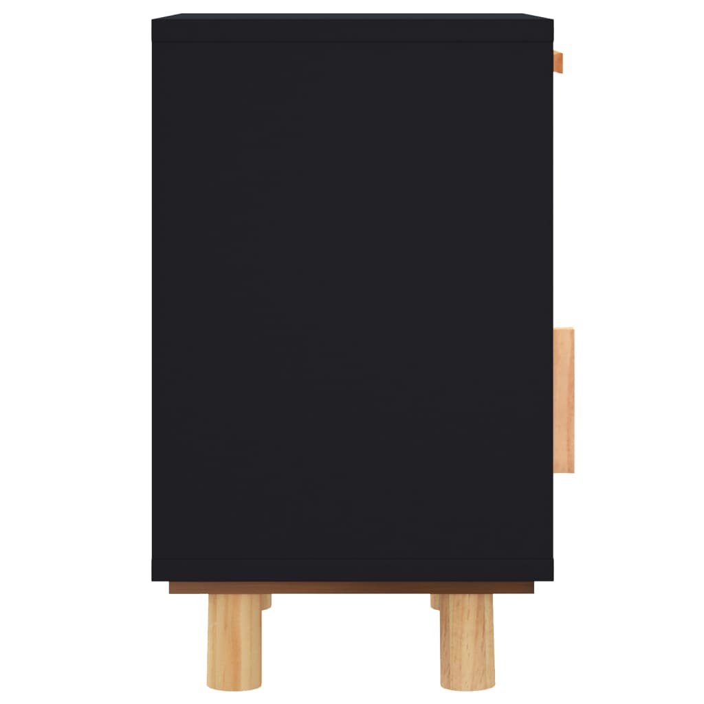 Comodino Nero in Legno Massello di Pino e Rattan Naturale | homemem39