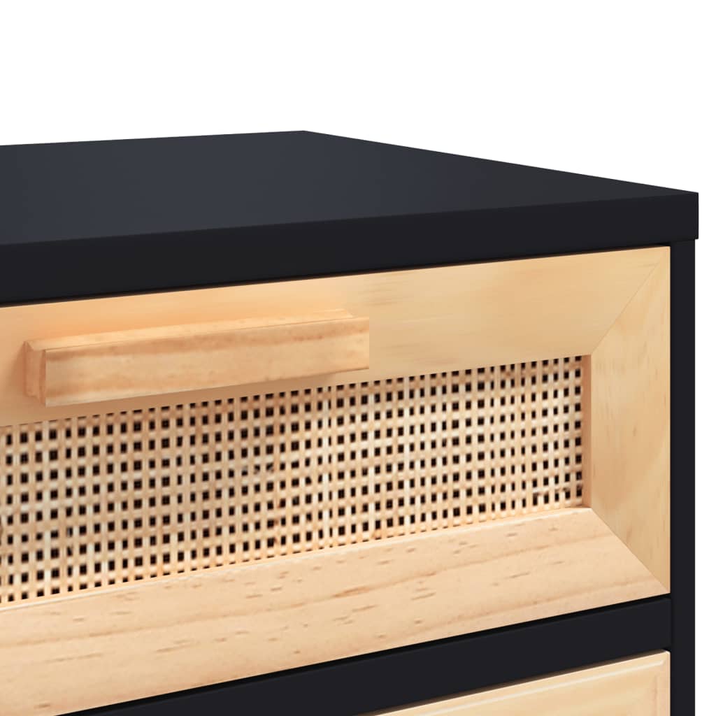 Comodino Nero in Legno Massello di Pino e Rattan Naturale | homemem39