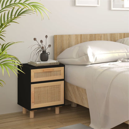 Comodino Nero in Legno Massello di Pino e Rattan Naturale | homemem39