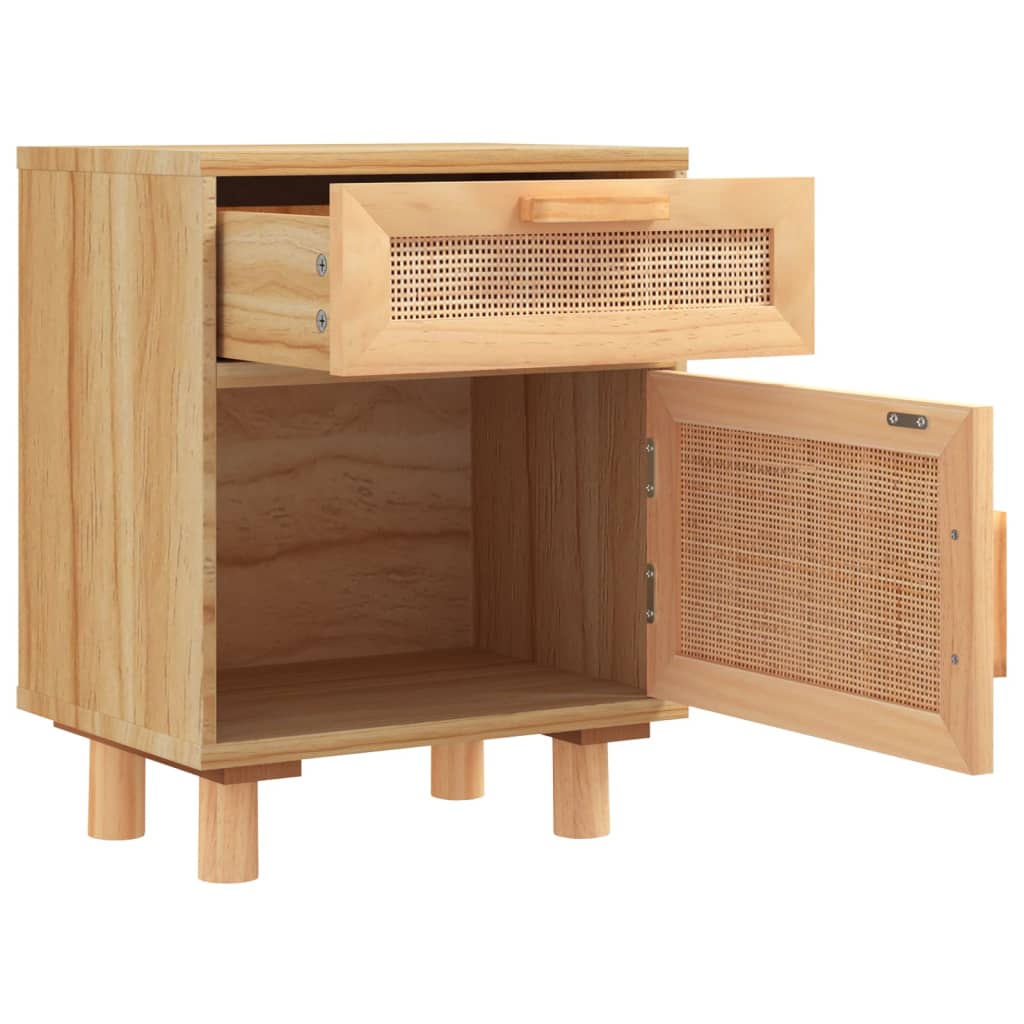 Comodini 2 pz Marroni Legno Massello di Pino e Rattan Naturale