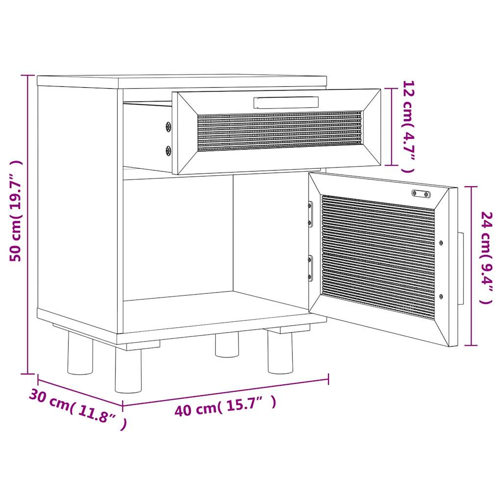 Comodini 2 pz Marroni Legno Massello di Pino e Rattan Naturale