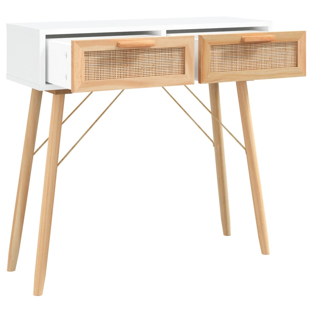 Tavolo Consolle Bianco 80x30x75cm Massello Pino Rattan Naturale | homemem39