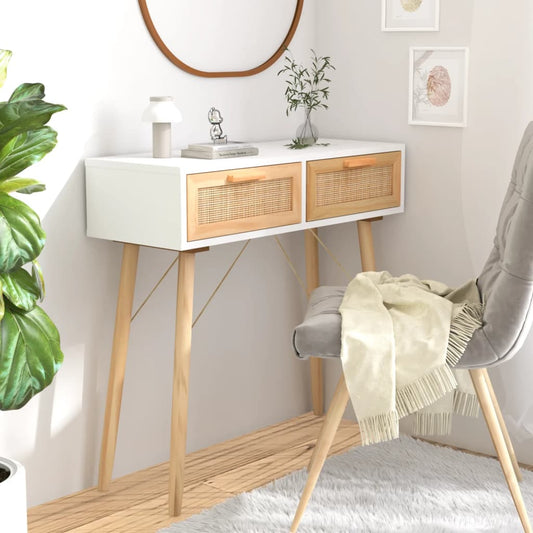 Tavolo Consolle Bianco 80x30x75cm Massello Pino Rattan Naturale | homemem39