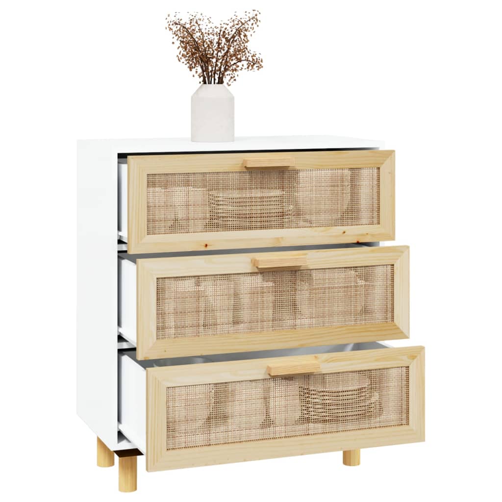 Credenza Bianca 60x30x70 cm Legno Massello Pino Rattan Naturale - homemem39