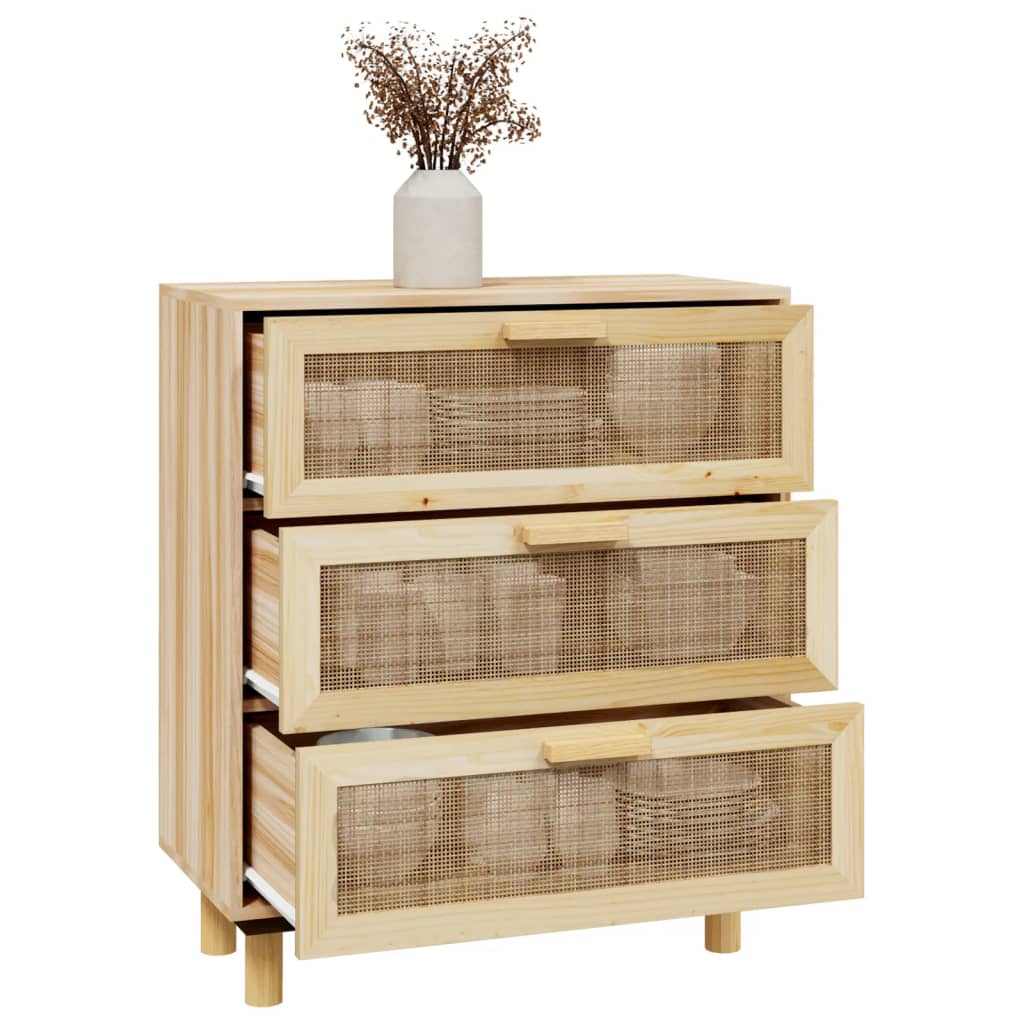 Credenza Marrone 60x30x70cm Legno Massello Pino Rattan Naturale - homemem39