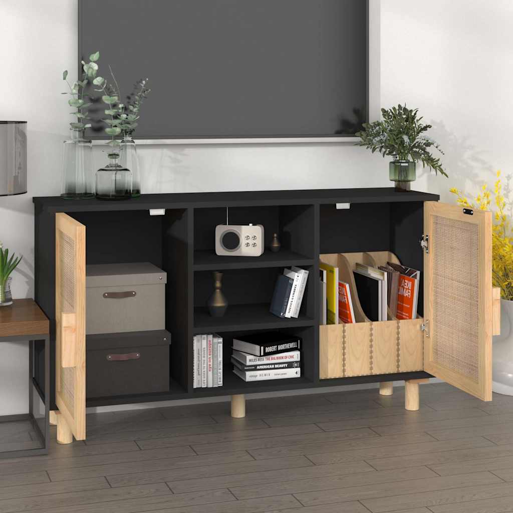 Credenza Nera 105x30x60cm Legno Massello Pino e Rattan Naturale | homemem39