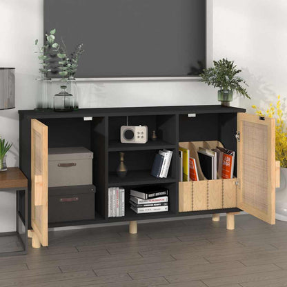Credenza Nera 105x30x60cm Legno Massello Pino e Rattan Naturale | homemem39