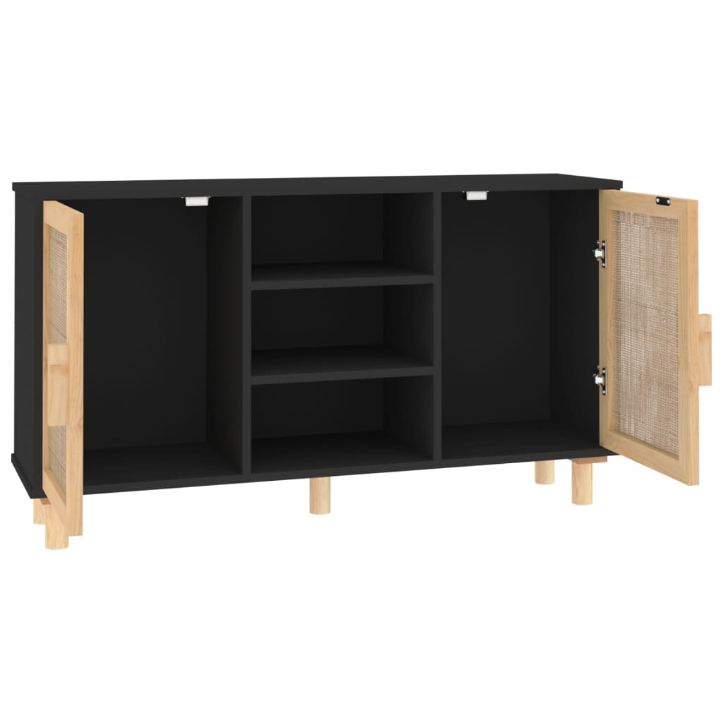 Credenza Nera 105x30x60cm Legno Massello Pino e Rattan Naturale | homemem39