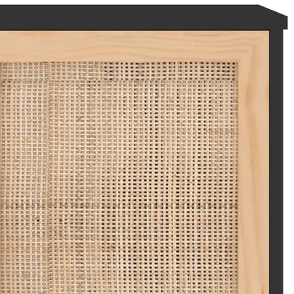 Credenza Nera 105x30x60cm Legno Massello Pino e Rattan Naturale | homemem39